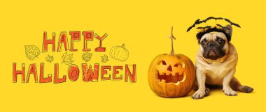 Sarı arka planda şirin köpek ve balkabağı pankartı