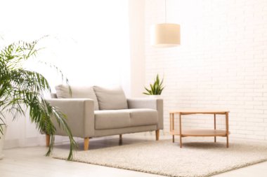 Gri kanepe, masa ve ışık perdeleri olan şık bir oturma odası.