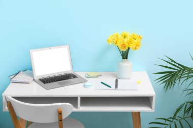 Şık ofisteki mavi duvarın yanında bir buket narsisli çiçek ve dizüstü bilgisayarlı sandalye ve işyeri.