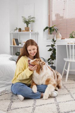 Şirin bir Avustralya çoban köpeği olan genç bir kadın evde yerde oturuyor.