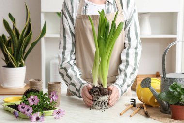 Masada farklı bitki ve aletleri olan kadın bahçıvan.