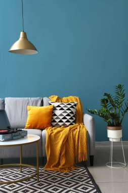 Oturma odasının içinde rahat gri kanepe ve sehpanın üzerinde klasik müzik çalar.