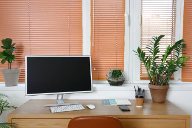 Ofisteki pencerenin yanında bilgisayar monitörü ve yeşil evbitkileri olan işyeri