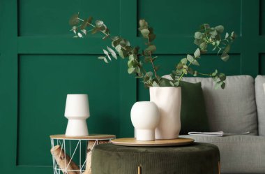 Rahat bir kanepe ve okaliptüs vazosu şık oturma odasındaki sehpanın üzerinde.