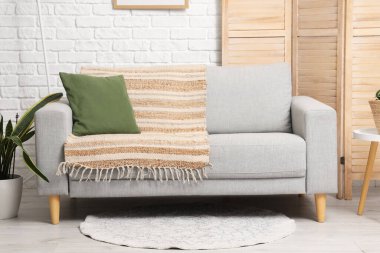 Oturma odasında minder ve paspas olan gri kanepe.