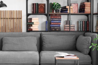 Kitap rafları, şık bir kanepe ve sehpası olan modern ev kütüphanesi.