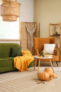Kanepesi, koltuğu ve sonbahar dekoru olan rahat bir oturma odası.