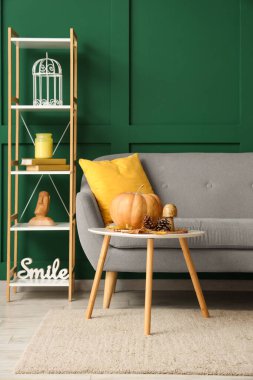 Kanepesi, raf ünitesi ve sonbahar dekoru olan rahat bir oturma odası.