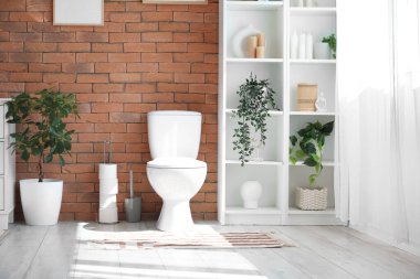 Tuvaletin içinde klozet, raf ünitesi ve bitkiler var.