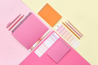 Renk arkaplanındaki boya paleti örnekleri, not defterleri ve kalemlerle kompozisyon