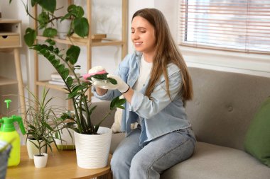 Evdeki bitkilerin tozunu silen genç bir kadın.