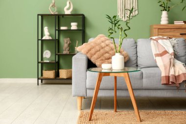 Masada bambu saplı vazo ve oturma odasının içindeki şık kanepe.