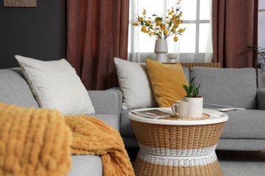 Rahat bir kanepe, kahve masası ve oturma odasında perdesi olan bir pencere.