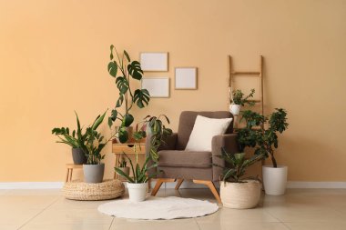 Oturma odasındaki bej duvarın yanında ahşap merdiveni ve yumuşak koltuğu olan farklı bitkiler.