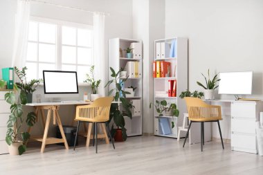 Ofis içi masalar, raf üniteleri ve yeşil ev bitkileri