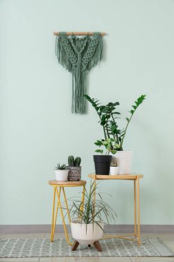 Nane duvarının yanındaki çiçekli sarı masalar.