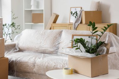 Karton kutulu masa ve taşınma günü odadaki eşyalar.