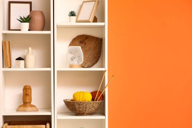 Turuncu duvarın yanında şık dekorlu raflar.