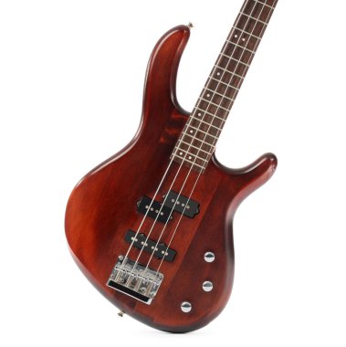 Beyaz arkaplanda kahverengi elektro gitar