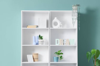 Nane duvarının yanında saksıları, kitapları ve vazoları olan raf ünitesi, yakın plan.