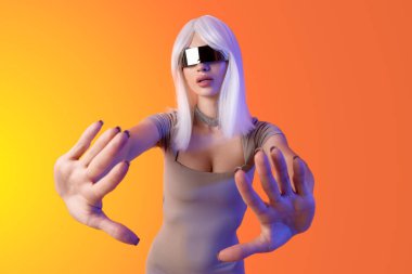 Turuncu arka planda VR gözlük takan peruklu genç kadın.