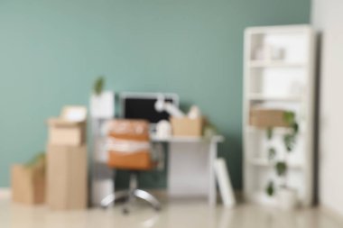 Taşındığı gün iş yerindeki yeşil duvarın yanındaki kutuların ve raf ünitesinin bulanık görüntüsü