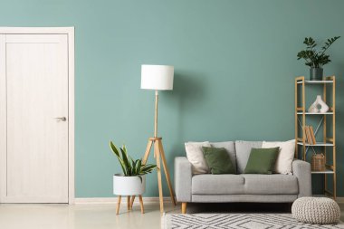 Gri kanepesi, raf ünitesi ve lambası olan şık bir oturma odası.