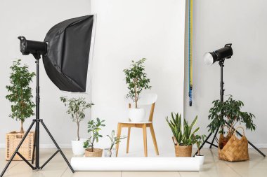 Fotoğraf stüdyosundaki beyaz arka planda çiçekli sandalye