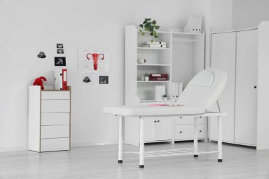 Kanepe, raf ünitesi ve ultrason görüntüleri olan jinekolog ofisi.