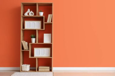 Boş çerçeveli kitaplık ve turuncu duvarın yanında bitkiler