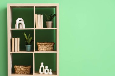 Hasır sepetli kitaplık ve yeşil duvarın yanında bitkiler
