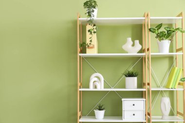 Yeşil duvarın yanında bitkiler olan kitaplık