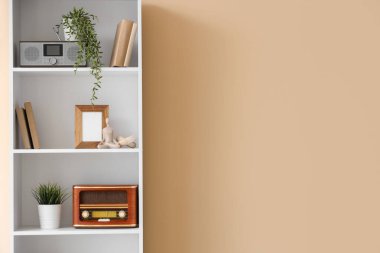 Bitkilerle dolu bir kitaplık ve bej duvarın yanında retro radyo alıcısı.