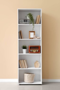 Odada bej duvarın yanında bitkiler ve retro radyo alıcısı olan bir kitaplık.