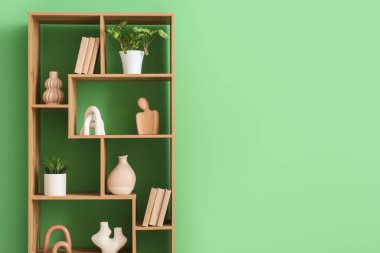 Yeşil duvarın yanında bitki ve dekor dolu kitaplık.