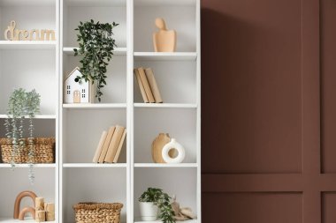 Hasır sepetli kitaplık ve kahverengi duvarın yanındaki bitkiler.