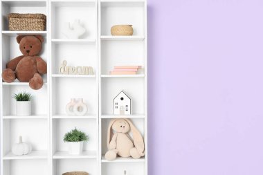 Oyuncak dolu kitaplık ve leylak duvarın yanında bitkiler
