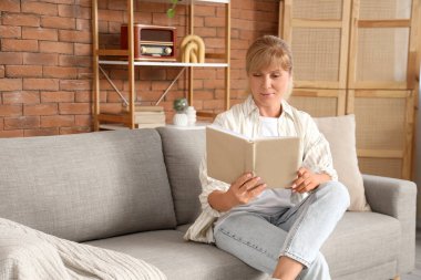 Olgun kadın evdeki kanepede kitap okuyor.