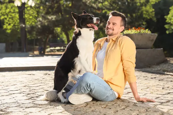 Parkta oturan şirin Border Collie köpekli genç adam.