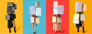 Arka planda alışveriş torbaları olan bir grup genç kadın. Kara Cuma indirimi