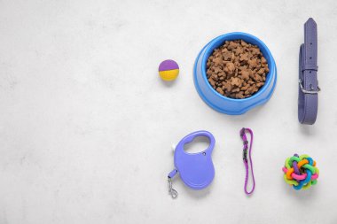 Hafif arka planda kuru gıda bulunan bir takım hayvan bakım aksesuarları.