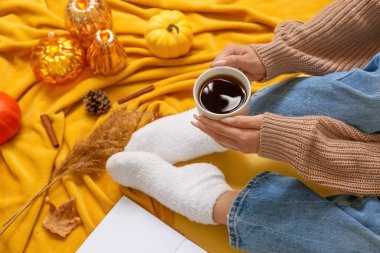 Sonbahar balkabakları, ekose ve sarı arka planda bir fincan çay ile sıcak çoraplar içindeki kadın bacakları.