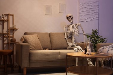 Geceleri oturma odasındaki koltukta oturan insan iskelet modeli.