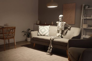 Geceleri oturma odasındaki gri koltukta oturan insan iskelet modeli.