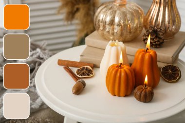 Sonbahar yapraklı balkabağı şeklinde mumlar yakmak ve evdeki tabure üzerine kitaplar, kapanış.