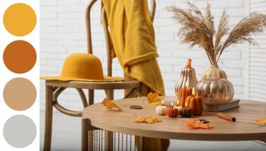 Balkabağı şeklinde mumlar yakmak, sonbahar yaprakları ve evdeki sehpanın üzerinde kuru turkuazlar, yakın çekim.