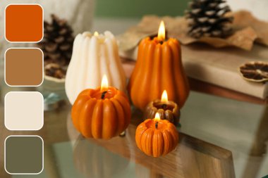 Evdeki kahve masasında balkabağı, kitap ve orman çıkıntıları şeklinde mum yakmak, yakın plan.