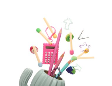 Beyaz arkaplanda uçan farklı kırtasiyeye sahip Holder