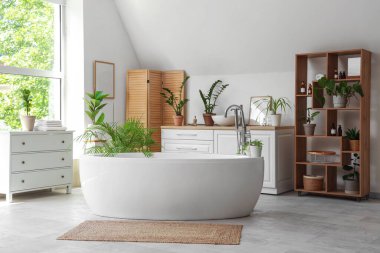 İçinde ev bitkileri, küvet ve çekmeceler olan hafif bir banyo.