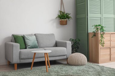 Koltuk, puf, çekmece sandığı ve oturma odasının içindeki kahve masası.